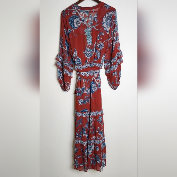 FARM Rio Tropical Landing Red Longsleeve Maxi Dress Medium Bohemian Resortwear - Picture 12 of 16